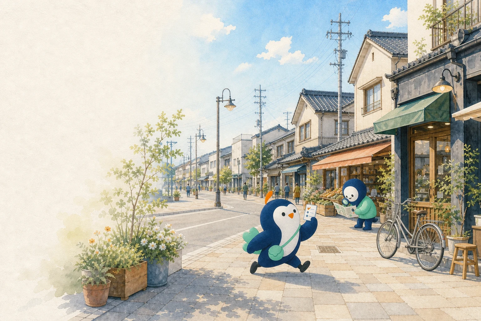 ホジョログのキャラクターが地域の商店街を歩き、移住先を調べている町なかのイラスト